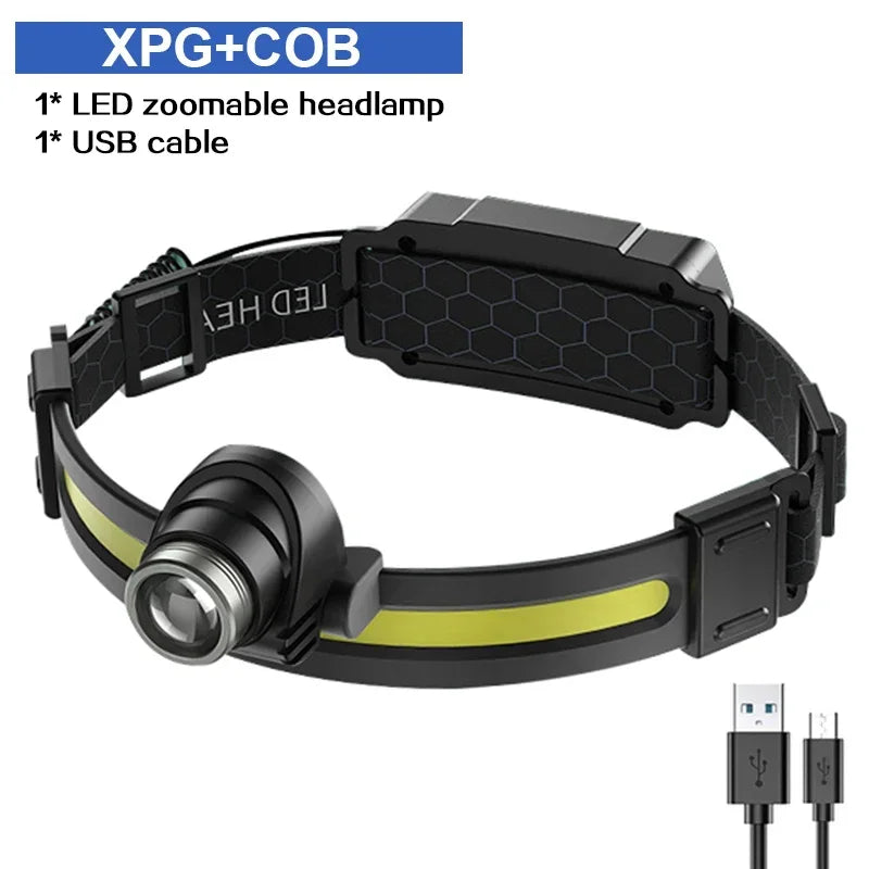 Super Bright XPG+COB Flood Sensing Headlight Type-C Charging Outdoor Zoom Fishing Hiking Lighting Headworn Flashlight