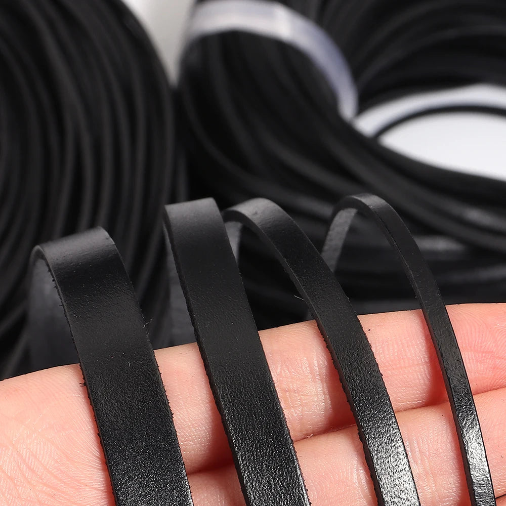 Tejesa 2/5 Yards Retro Black Genuine Leather Cord 3-10mm Flat Strand Cow Leather Rope Fit Necklace Bracelets DIY Jewelry