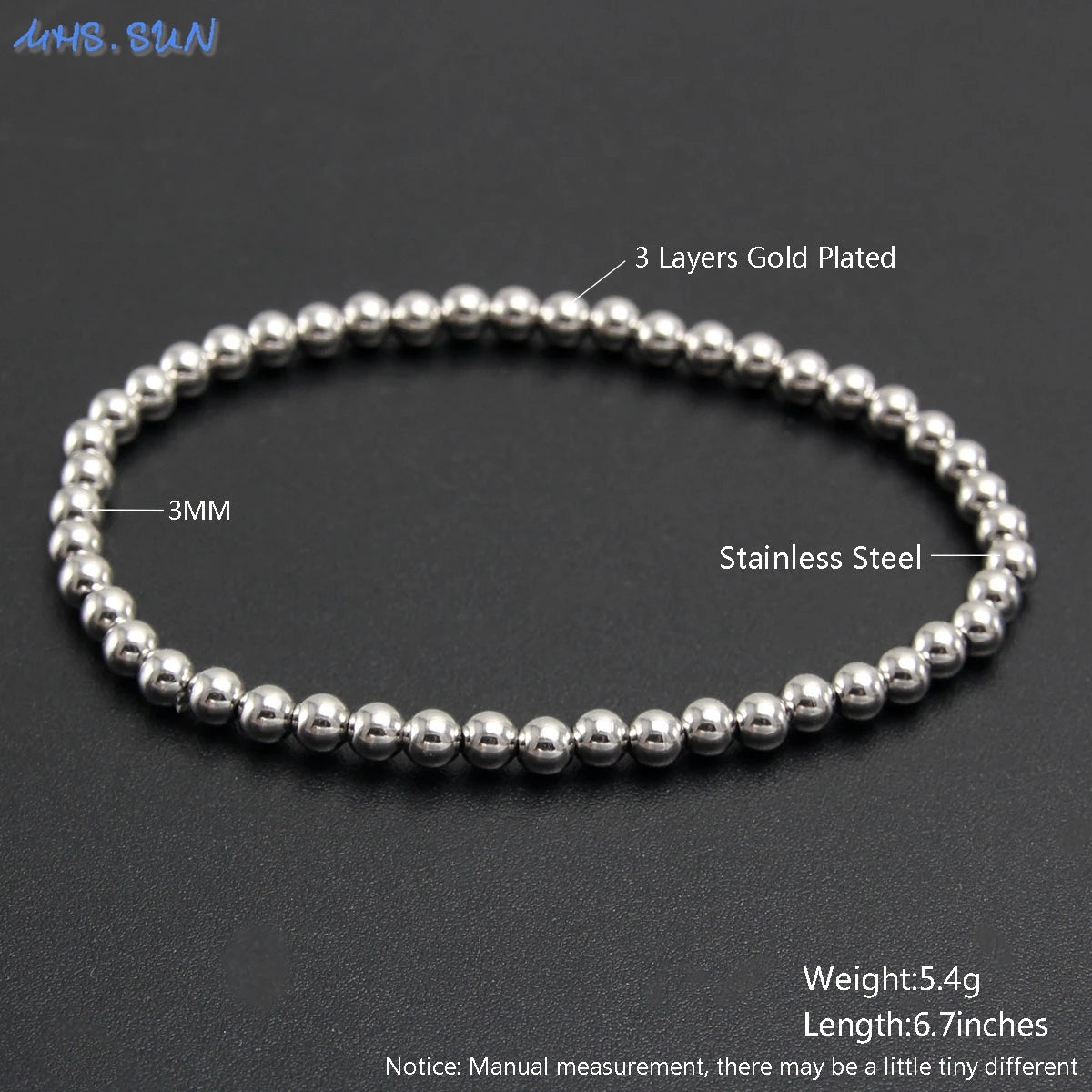 MHS.SUN Fashion Waterproof Smooth Stainless Steel Bracelets 2-10mm Elastic Beaded Gold Plated Stackable Bracelet Women Jewelry