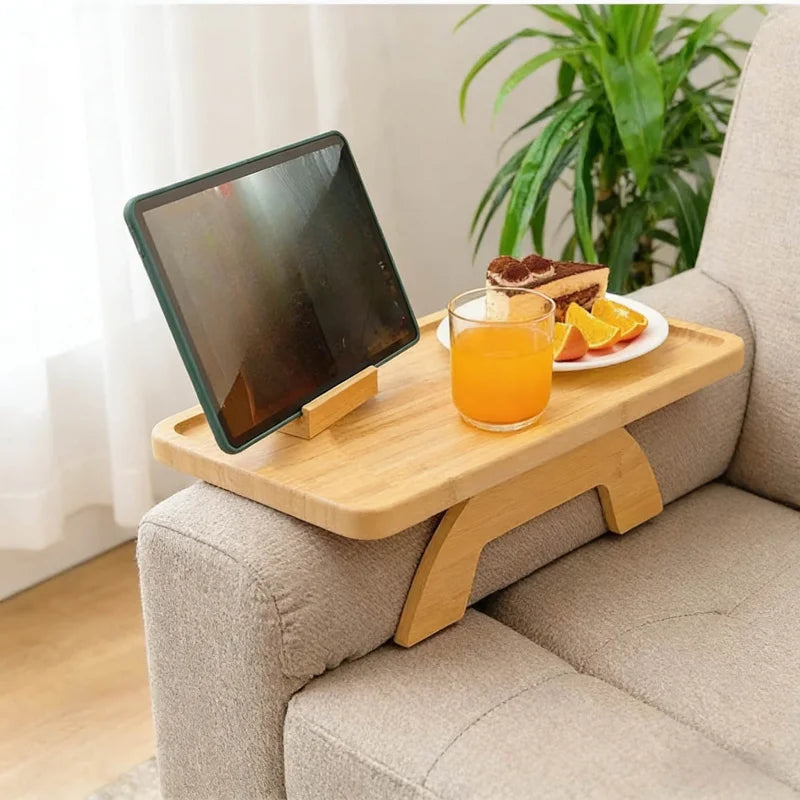 Tejesa Living Room Side Table Bamboo Clip-on Coffee Table with Phone Holder Sofa Armrest Fixed Storage Rack