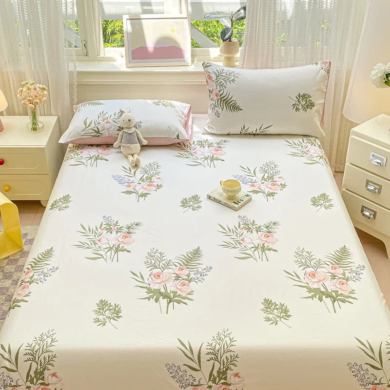 Pure Cotton Fitted Sheet Single Double Queen Size Printed Mattress Cover With Elastic Band Bedsheet Soft Comfortable Fitsheet