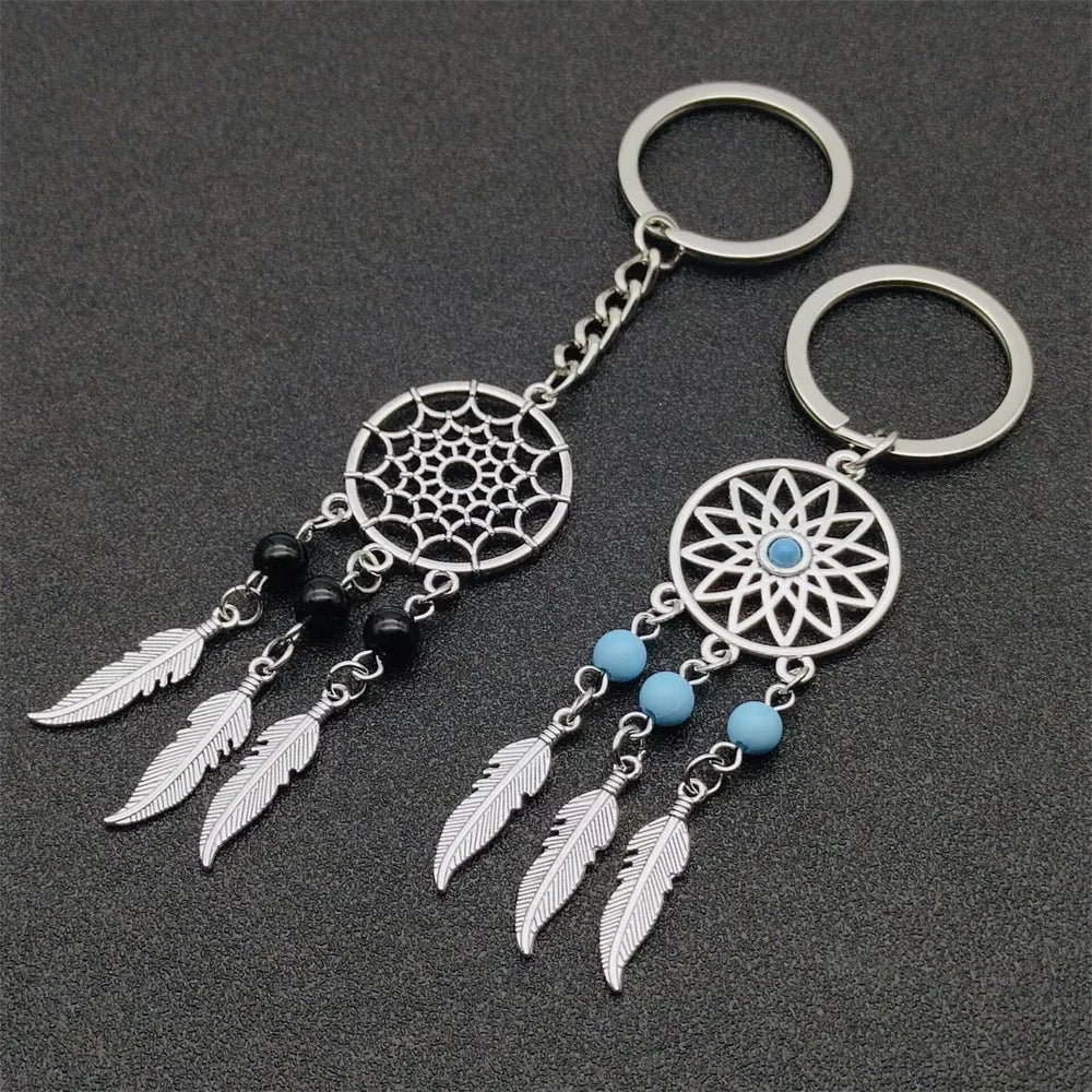 Dream Chaser Keychain Tassel Feather Pendant Keyring Beads Royal Blue Black Beads Charm Retro Car Key Chain Dream Chaser Gift