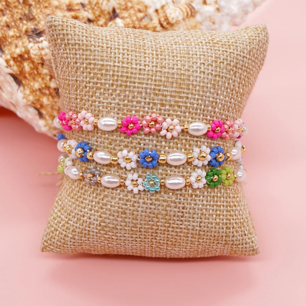 Go2Boho Handmade Bracelets Adjustable Stainless Steel Charm Bracelet Flowers Beads Pearl Bangle Fashion Jewelry for Women Gift