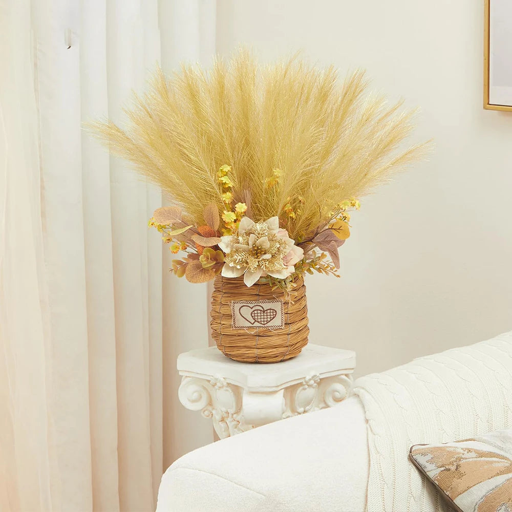 Tejesa 10Pcs 55cm Gold Colour  Fluffy Faux Pampas Grass Wall Decor Reed Vase Fillers Party Table Decorations Room Home Decor Artificial Pampas Grass