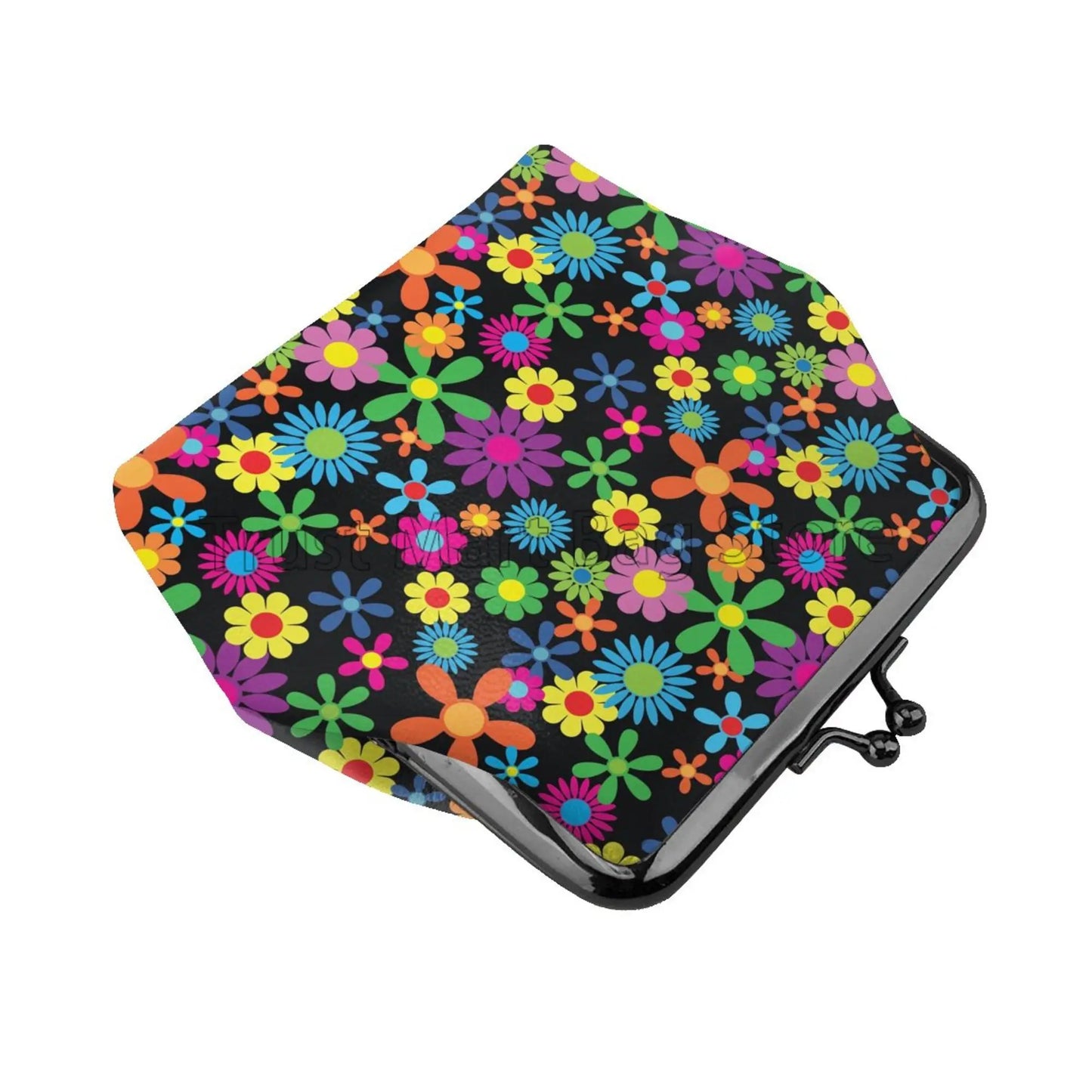 Hemasa Hippie Flowers Pattern Leather Coin Purse /Small Kiss-Lock Change Pouch Clasp Closure Buckle Wallet for Women /Wife for  Birthday Gifts