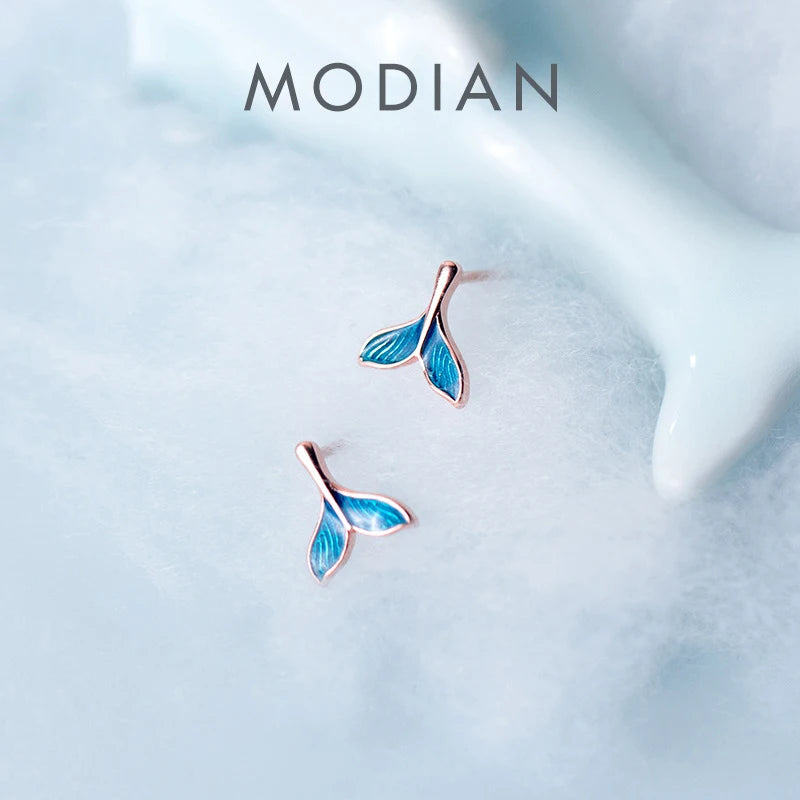 Modian Fashion Blue Stripe Enamel Mermaid Tail Stud Earrings 100% 925 Sterling Silver Exquisite Jewelry For Women Accessories