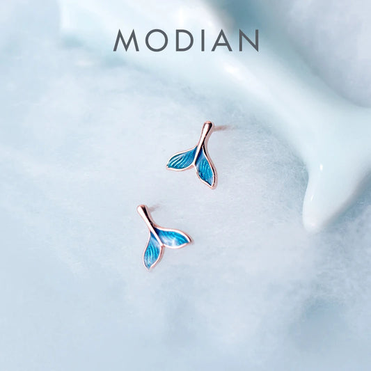 Modian Fashion Blue Stripe Enamel Mermaid Tail Stud Earrings 100% 925 Sterling Silver Exquisite Jewelry For Women Accessories