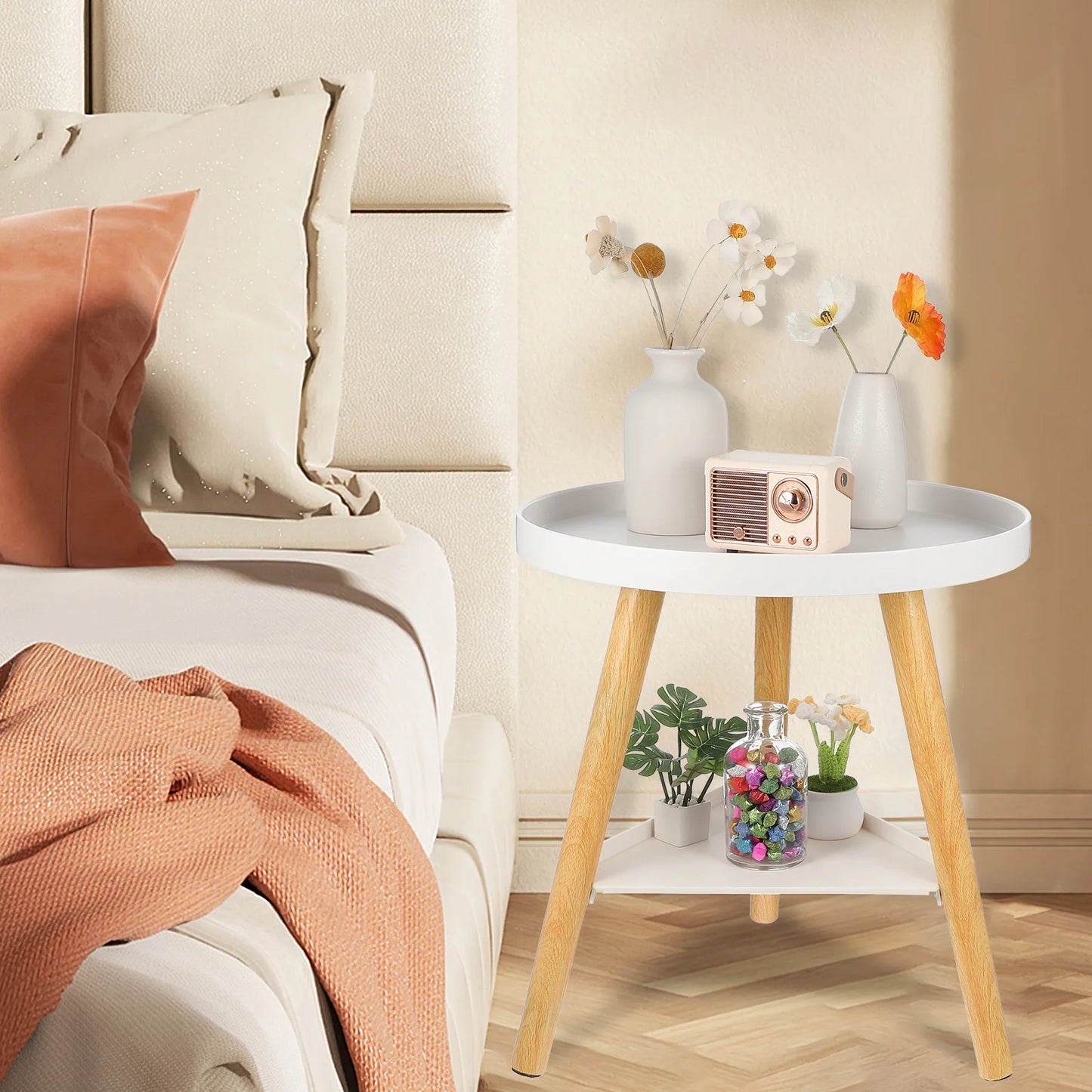 Side Table Round Double Layer Accent Table Small End Table Indoor Plants Stand Wooden Bedside Tables Living Room Furnitures