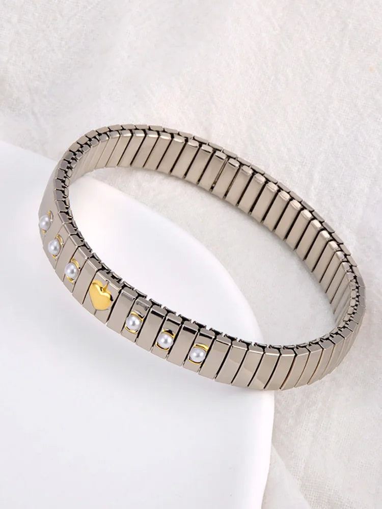 Tejesa Gold Plated Stainless Steel Elasticity Chain Bracelet with Simulated Pearl Heart Design (Color 4)