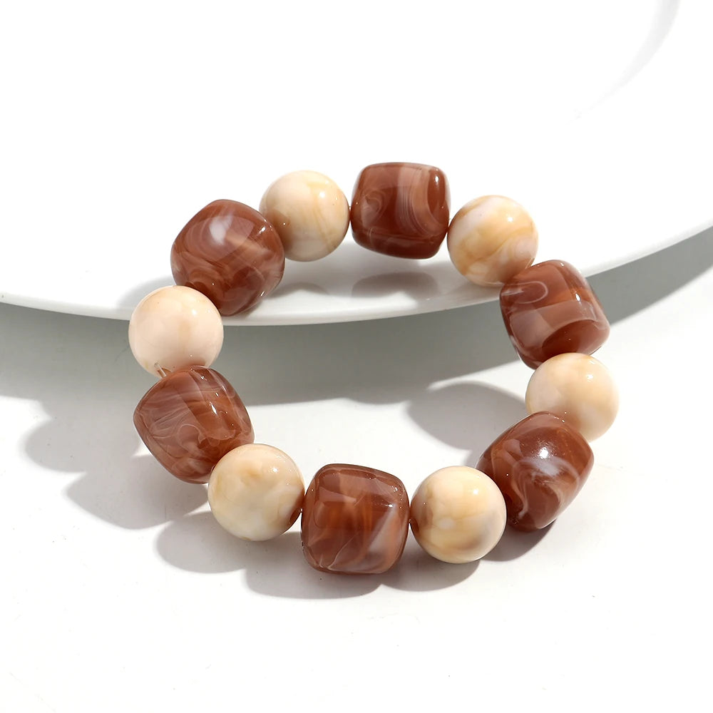 Bohemian Acrylic Geometric Square Round Beads Elastic Bracelets for Women Trendy Resin Beaded Stackable Bracelet Bangle Jewelry