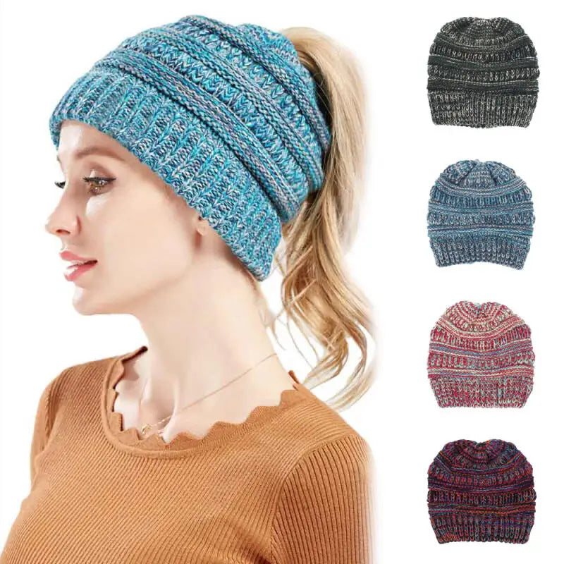 Tejesa Mixed color knitted woolen hat, women's ponytail hat, warm hat, toe cover, ear protection hat, hot selling
