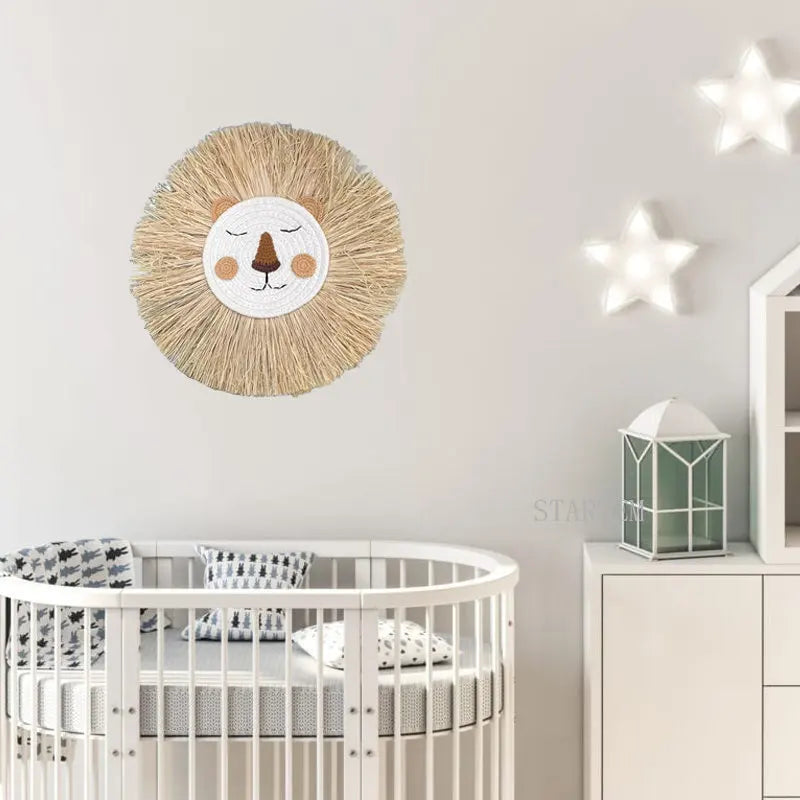 Hemasa Lion Wall Decor Cotton Thread Straw Woven Animal Head Wall Hanging Ornament for Nursery Baby Room Decoration