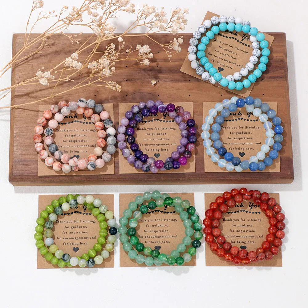 2Pcs/Set Natural 8mm Round Bead Bracelets Cat Eye Amethysts Bracelet Couple Stretch Bracelets With Cards Thank you Jewelry Gitfs
