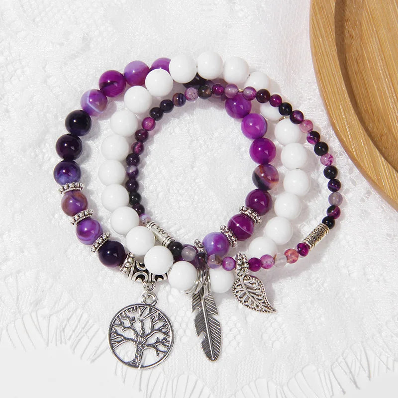 3Pcs Fashion Natural Stone Beads Bracelet 8mm Beads Tree of Life Pendant Bracelet Men Women Beaded Charm Bracelets Jewelry