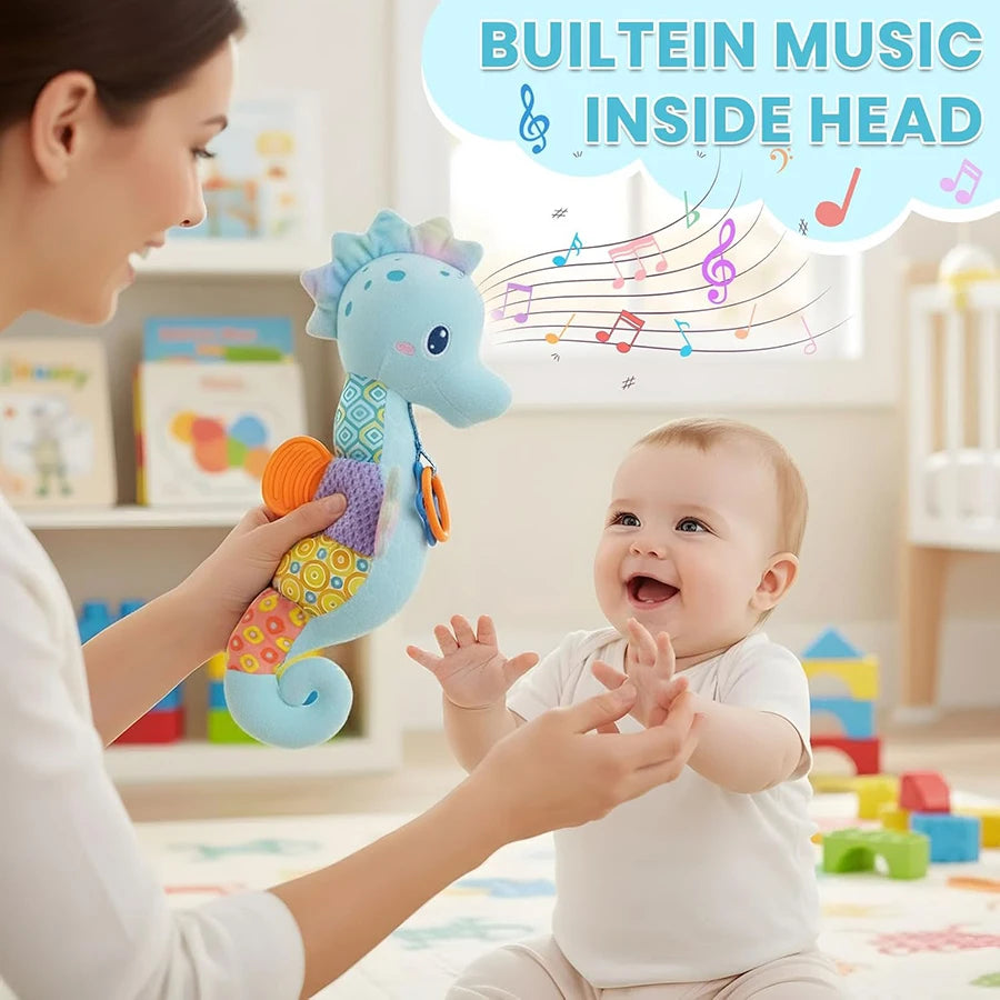Tejesa Baby Toys 0-6 Months Infant Musical Seahorse Stuffed Animal Plush Toy with Rattle Soft Newborn Toy for 0 6 9 12 Months Baby Boys