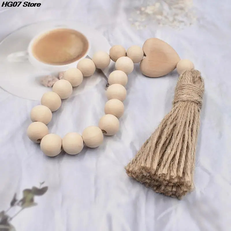 New 1Pc Log Color Wood Bead Garland Rustic Wall Hanging Hemp Rope Tassel Beaded with Heart Knot Woven Pendant Home Decoration