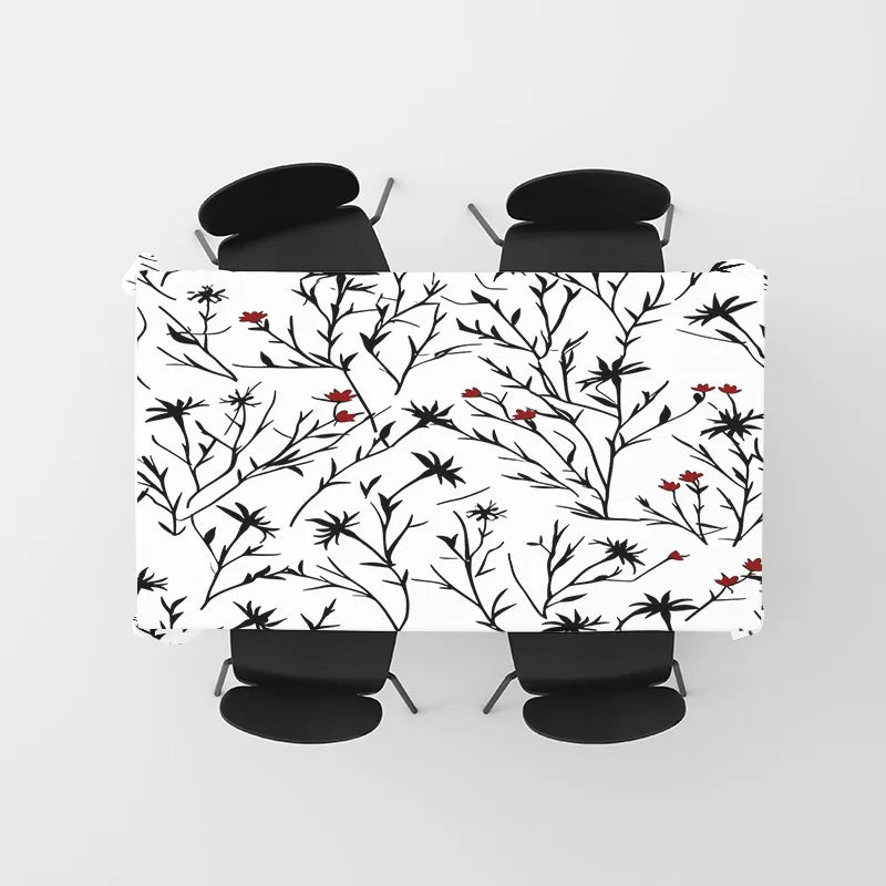 Minimalist Black/White Floral Dining Tablecloth for Home Decoration Elegant Decorative Table Linen Set with Four Napkins Various