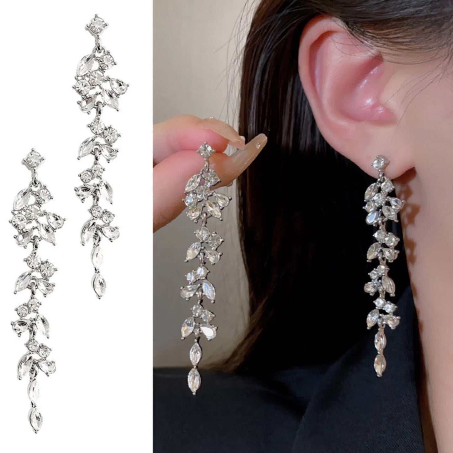 Hemasa  Simple Long Tassel Zircon Leaf Earrings Earrings