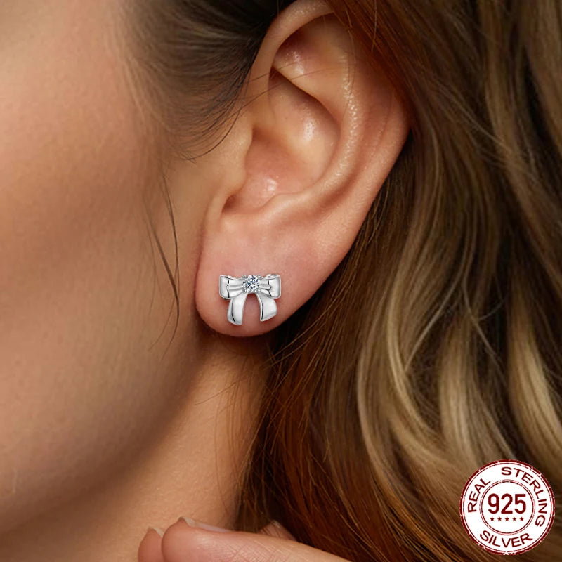 BAMOER Solid 925 Sterling Silver Bow Moissanite Stud Earrings for Women Teens Small Ribbon Stud Earrings Bowknot MSE085