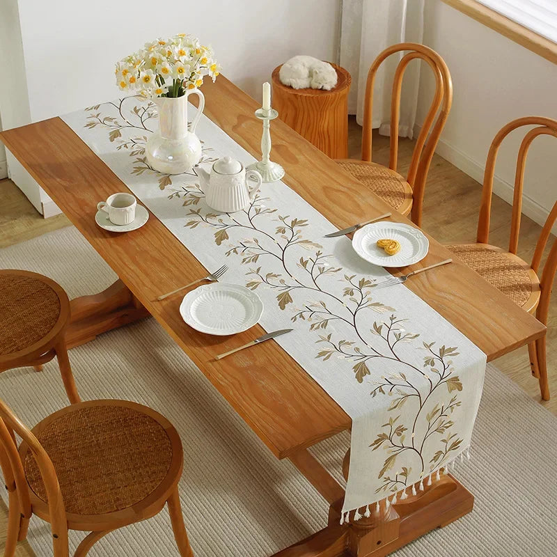 Tejesa Embroidery Tassel Table Runner,Cotton Linen Thicken Fabric ,Kitchen Dining Room coffee Table Restaurant Decor Supplies