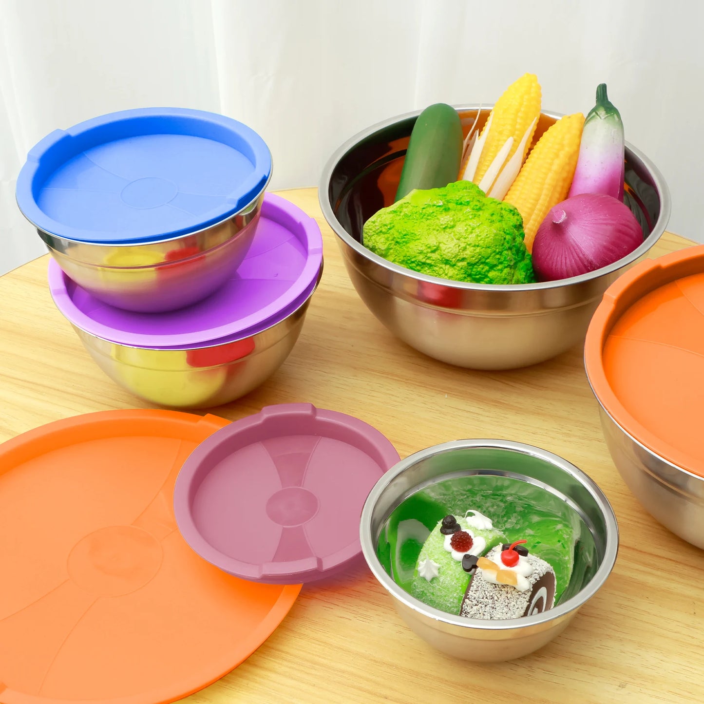 Tejesa 5pcs Fruit Salad Bowl Stainless Steel Ramen Bowl with Lid Mixing Bowls with Grater for Kitchen Outdoor BBQ Food Plate Fresh Bowl