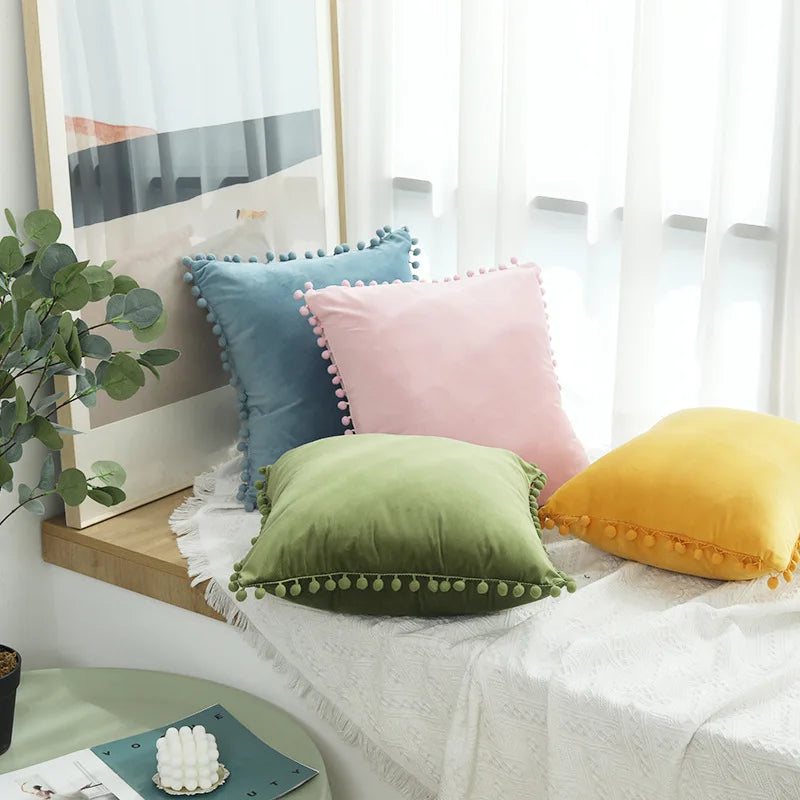 2PCS Simple Decorative Pillowcase Decorative Cushion Pillow Cover Pompoms Solid Cushion For Couch Sofa Bedroom Living Room