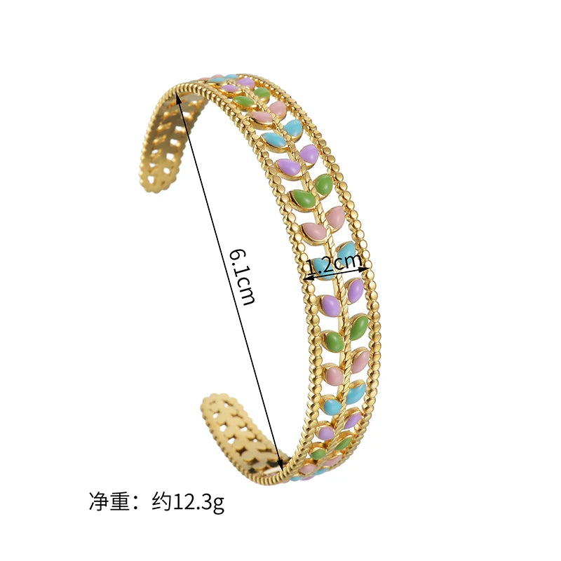 Stainless Steel Leaf Drip Oil Cuff Bangles For Women Girl Wrist Jewelry Gold Color Squares Adjustable Bangles Mom Gifts