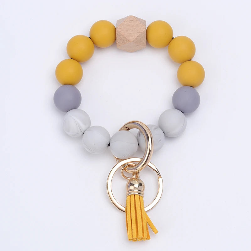 New Anti-Loss Women Wristlet Bracelet Keychain Silicone Round Beaded Keyring For Lobster Clasp Keychain Jewelry Bracelet