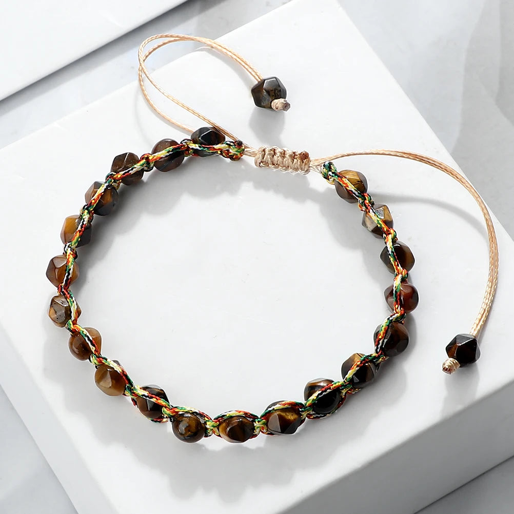 Fashion 6mm Cut Surface Natural Agate Tiger Eye Stone Bracelets Handmade Colorful Nylon Rope Braided Bracelet Jewelrys Women Men