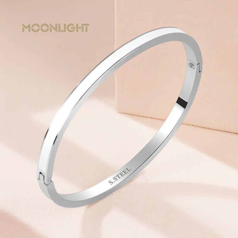 Heamsa White Enamel Charm Cuff Bangle For Women /Stainless Steel Round Hollow  Bracelet