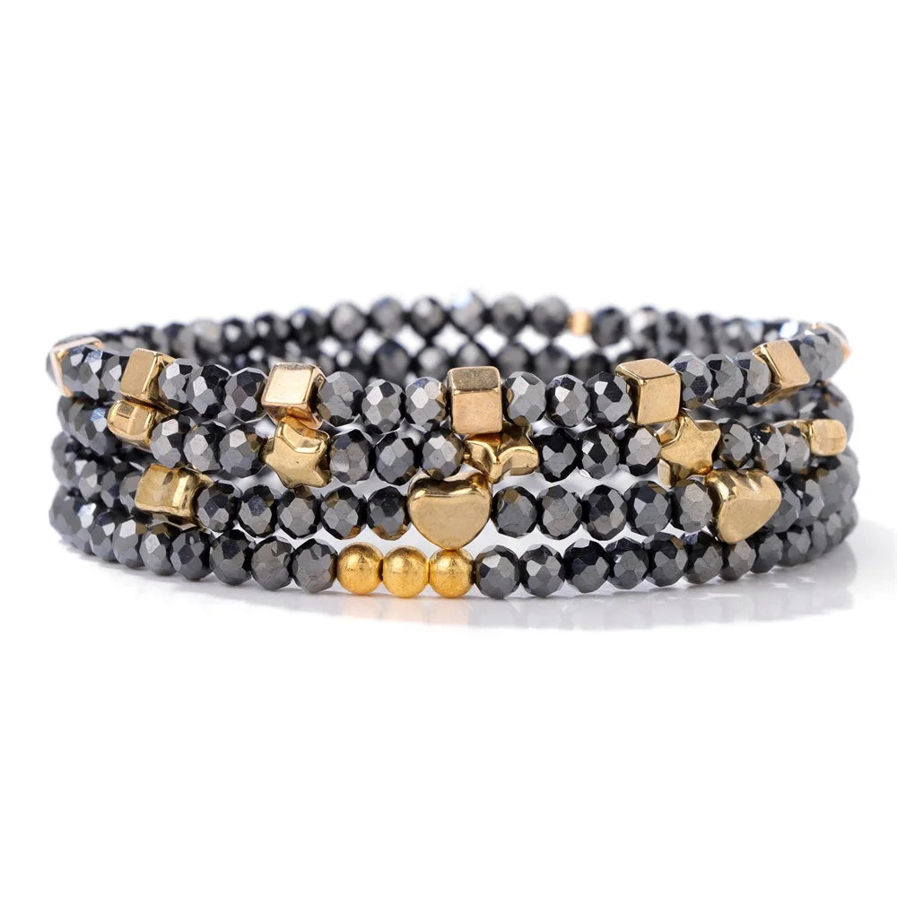 4pcs/set Faceted Crystal Beads Bracelet Colorful Round Shiny Glass Beaded Charm Braclets for Women Men Couples Jewelry Gift
