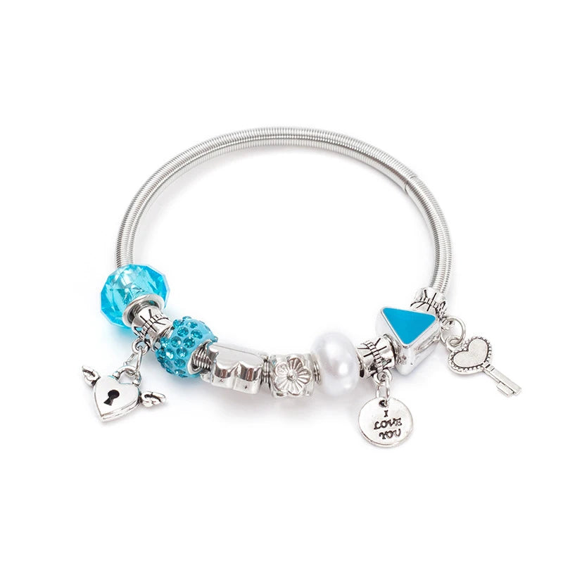 Fashion Simple Pandora Glazed Gem Beads Key Lock Love Hanging Bracelet Light Luxury Vintage Bangle For Women Jewelry Gift