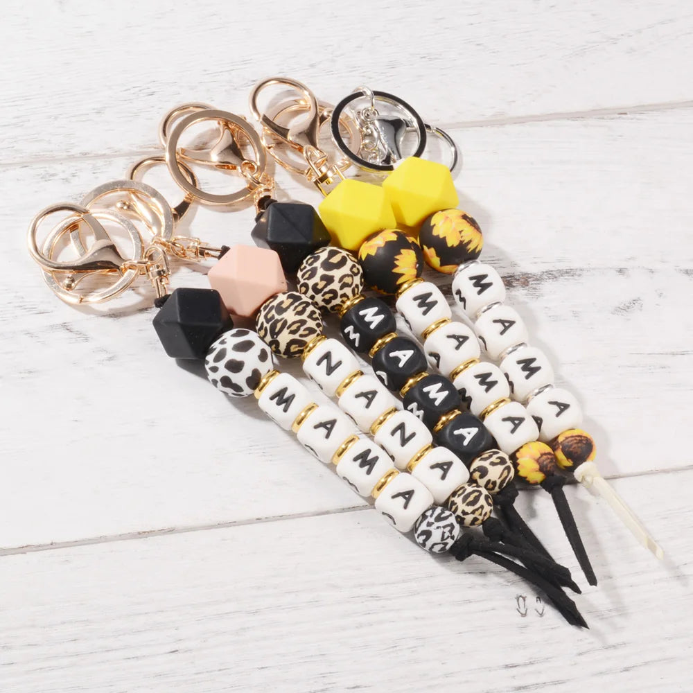 Hemasa  Leopard Print Silicone Beads Keychain Key Ring Sunflower Tassel Pendant Mom Charm Mother's Day Gifts Accessories