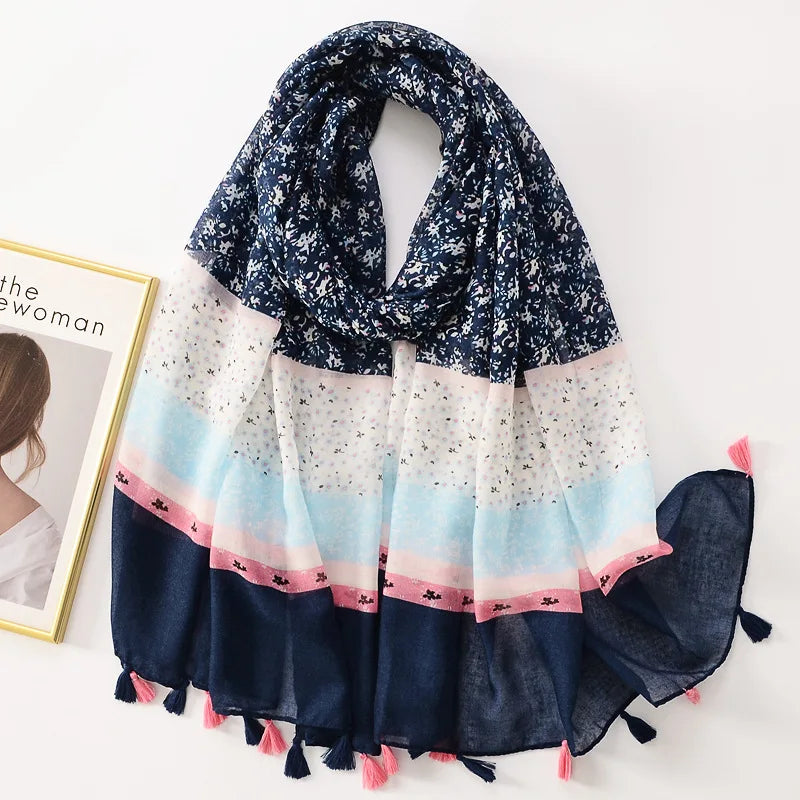 Elegant Woman Shawl Fashion Design Tassel Cotton Scarf Muslim Hijab Scarfs Floral Print Ladies Scarves For Beach Party Bandana