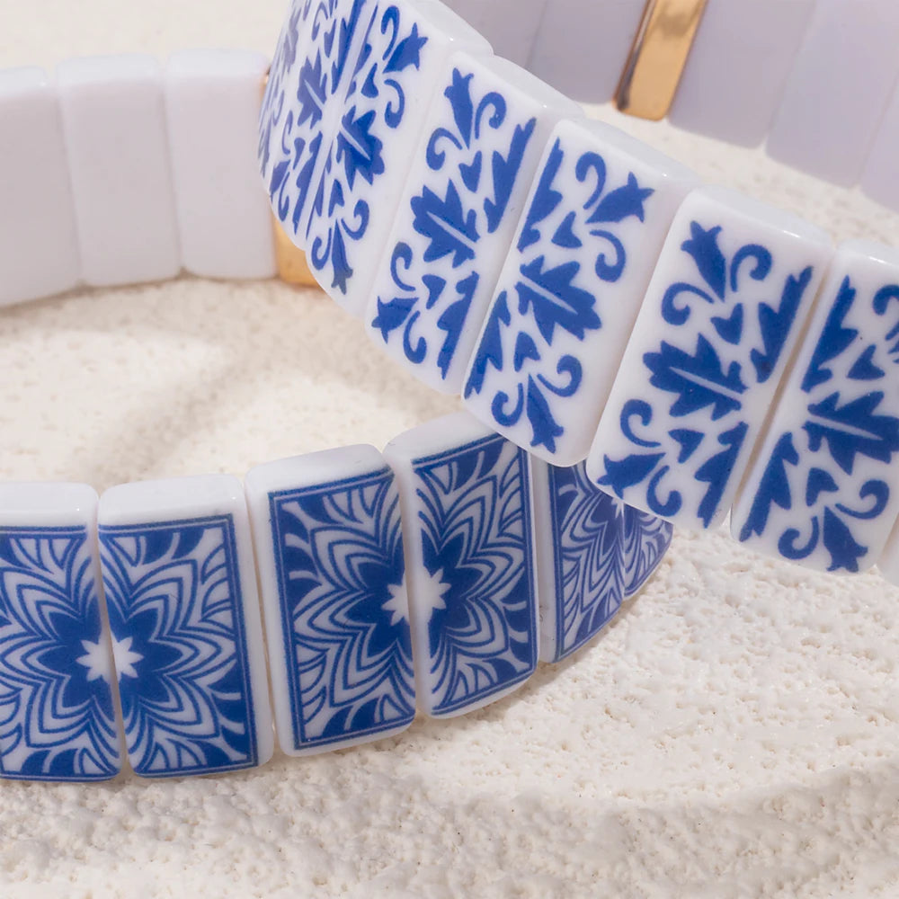 8x16mm Plastc Chinese Blue and White Porcelain Texture Beaded Bracelets For Women Handmade Spring Hand Accessory