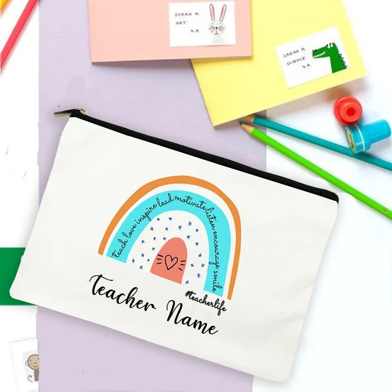 Rainbow Teacher Print Custom Name Personalized Supplies Storage Bags Travel Wash Pouch Makeup Bag Gifts Stationery Pencil Case