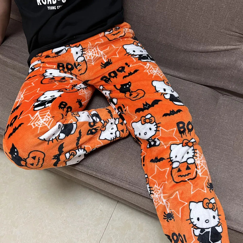 Hemasa  Hello Kitty Flannel Pajamas Black Women'S Warm Woolen Cartoon Casual Home Pants In Autumn Winter Fashion Trousers