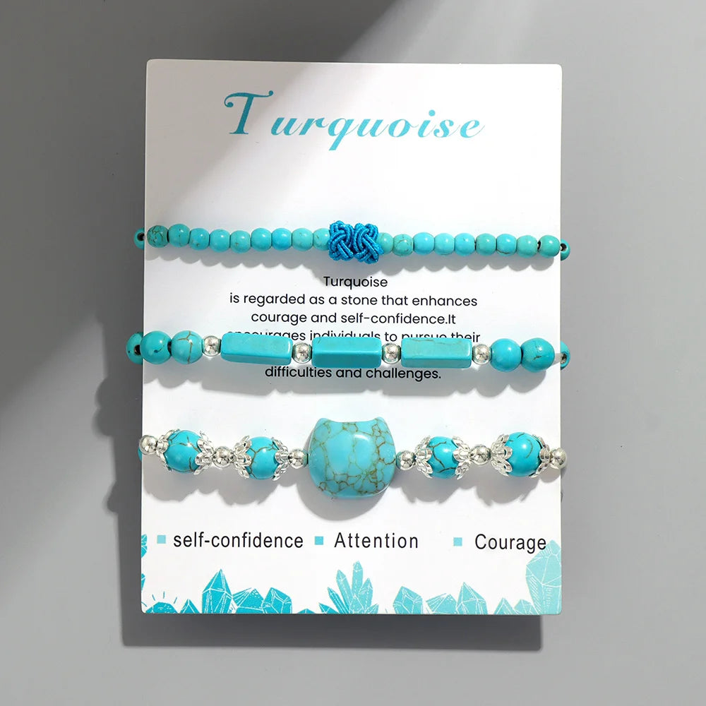 3pcs/set Natural Stone Tiger Eye Turquoises Bracelet Rose Quartzs Crystal Beads Charm Bracelets Cat Head Jewelry for Women Gift