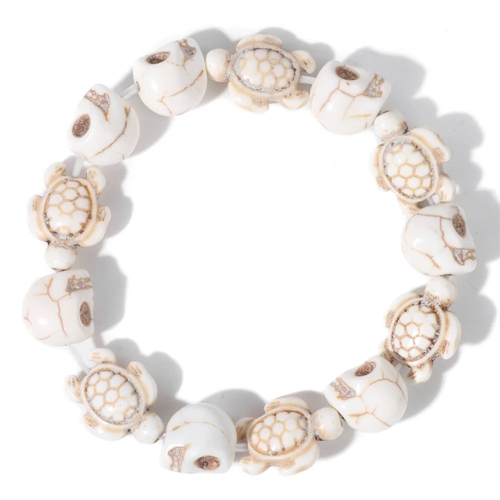 Colorful Skull Bracelet Sea Turtles Beaded Bracelets For Women Men Pink Red Blue White Howlite Stone Elastic Friendship Bangles