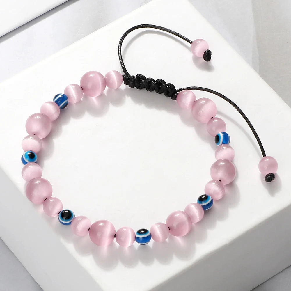 Blue Evil Eye Beaded Bracelets Natural Cat Eye Stone 6 8mm Opal Men Bangles Adjustable Women Bracelet Lucky Yoga Jewelry Gifts