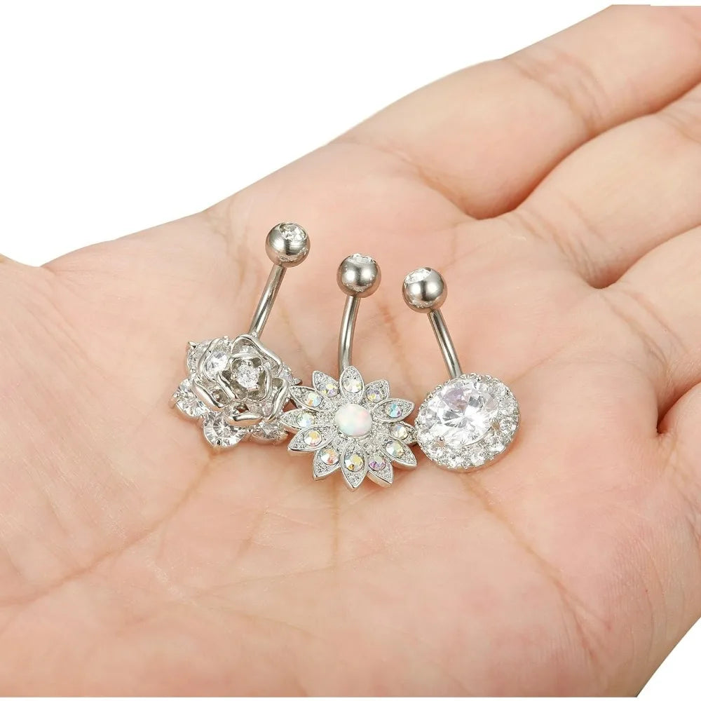 IRONBOX 1Pc 14G Stainless Steel Belly Button Rings Barbell Navel Ring Bar for Women and Men with CZ Flower Body Piercing Jewelry