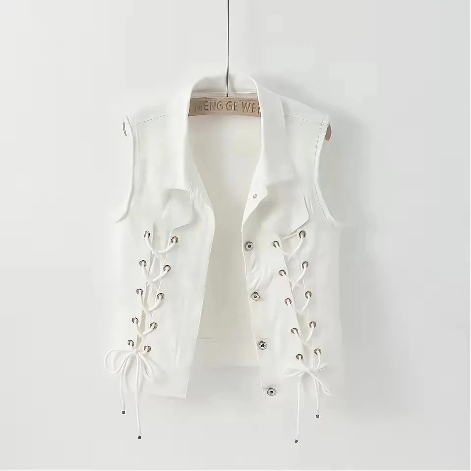 Hemasa White Black Denim Vest Jacket   Short Ladies Coat / Sleeveless Outwear Female Casual Jeans Waistcoat Cardigan Tops