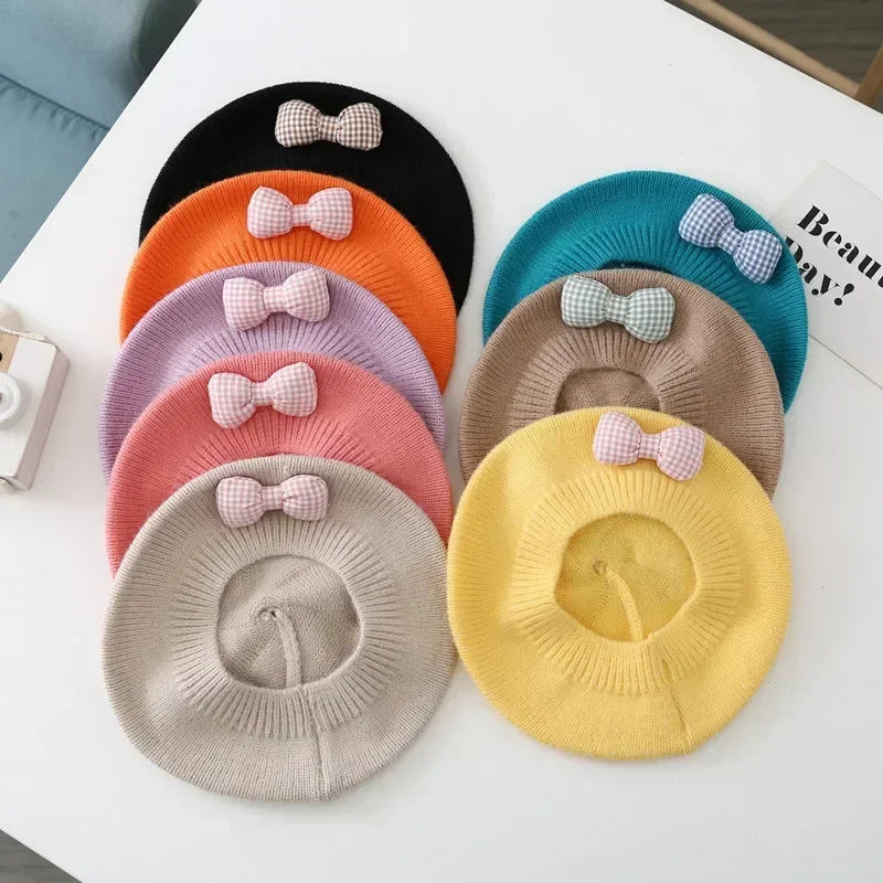 Flower Baby Beret Hat Winter Warm Knitted Beanie Cap for Infant Girls Korean Toddler Princess Artist Solid Color Painter Caps