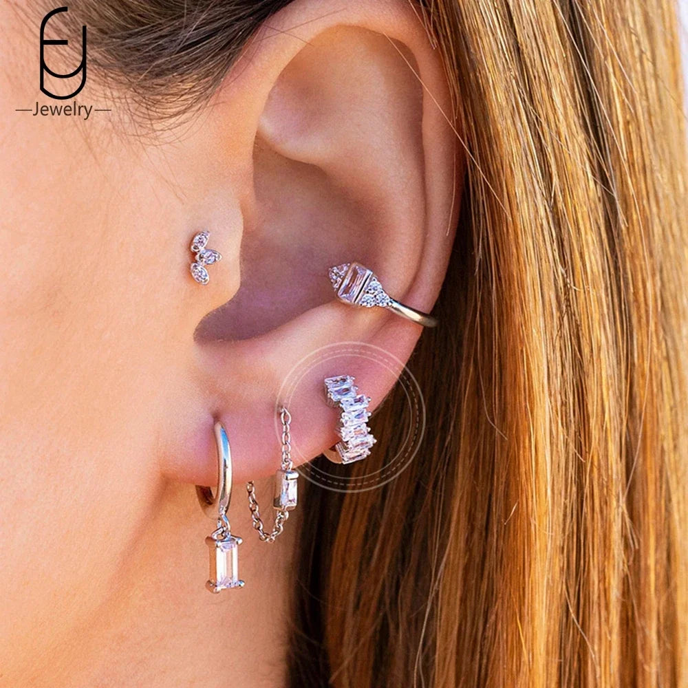 Hemasa 925 Sterling Silver Ear Buckles Fashion Hoop Earrings /White Crystal Luxury Women's Earrings Wedding Women's Jewelry Premium Gift