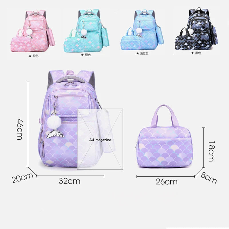 Hemasa 3pcs/Set Fish Scale Print Kid Backpack With Mermaid pendant Girl waterproof School Bag Children Schoolbag  For teenage girls