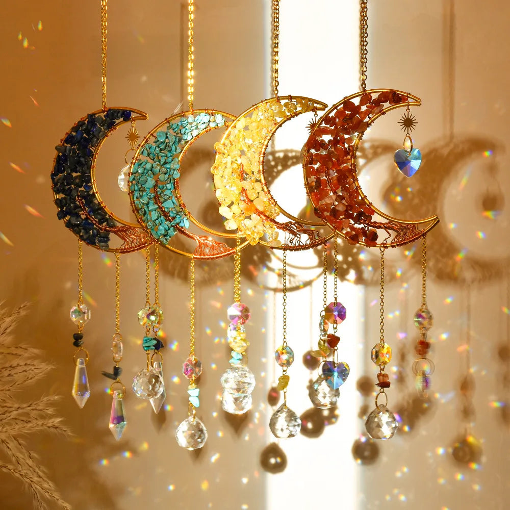 Hemasa Moon Suncatcher Crystal Tree of Life Hanging Decoration Stained Glass Healing Crystal Rainbow Maker Garden Outdoor Decoration