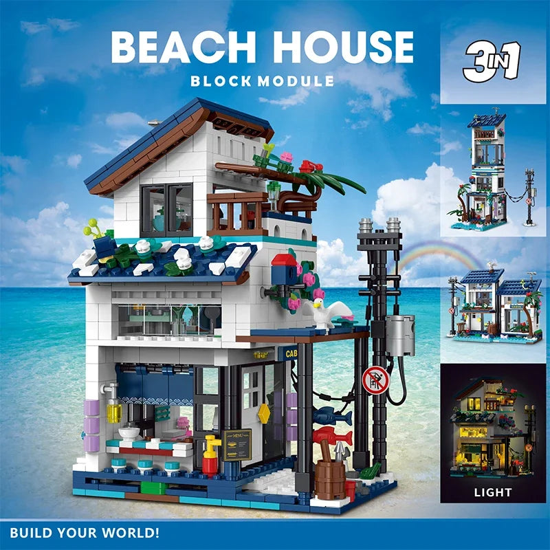 Hemasa ity Street View 3 in 1 Beach House Building Blocks Creative Desktop Decoration ToyFor Birthday Gift