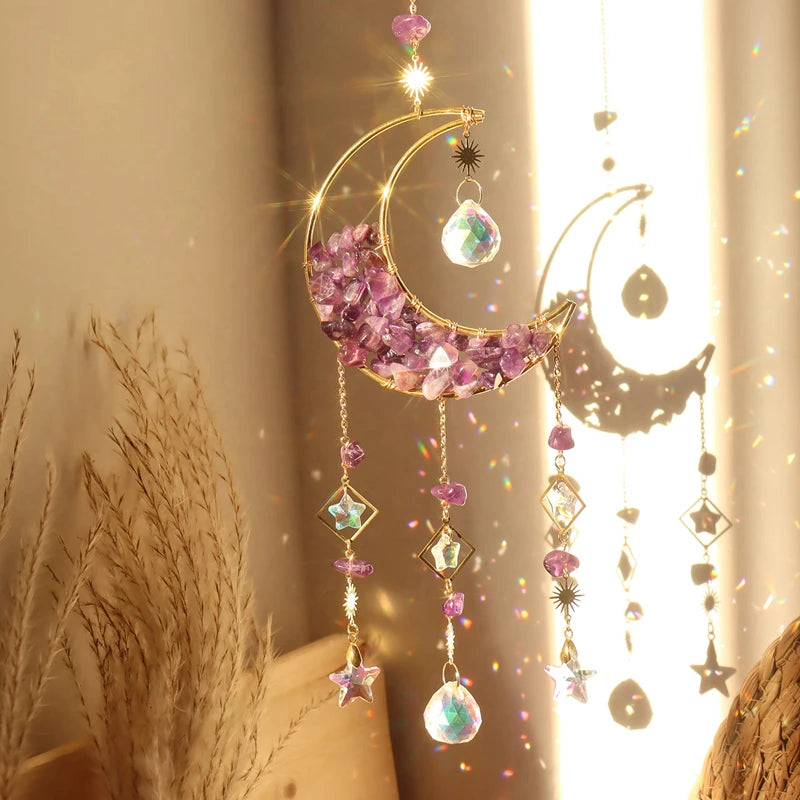 Crystal Suncatcher Hanging Moon Sun Light Catcher with Glass Prisms Natural Pink Crystal Decor Home Indoor Making Rainbows