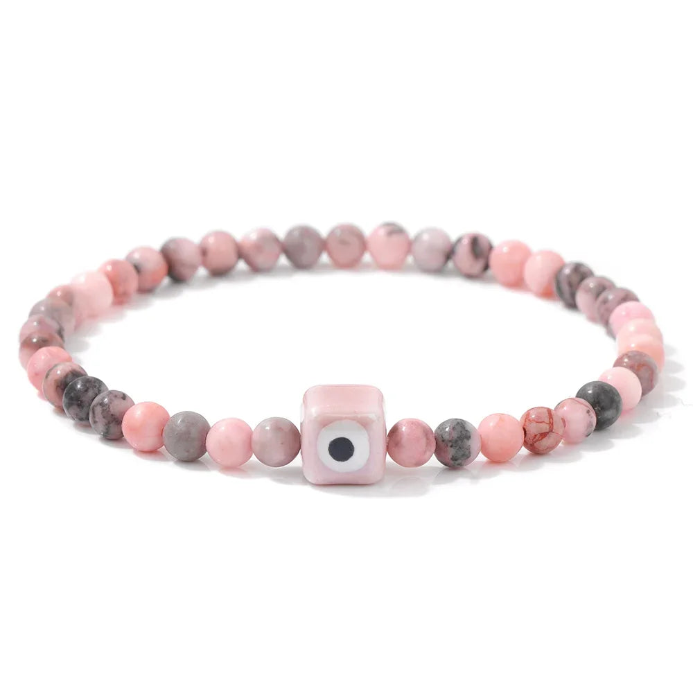 Tejesa Square Eye Bracelet Natural Stone 4mm Beads Elastic Bracelets for Women Men Turkish Evil Eye Lucky Protection Blessing Jewelry