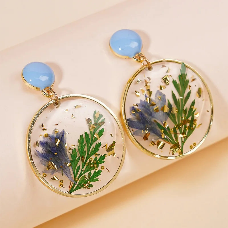 Creative Handmaking Pressed Flower Earrings Sweet Natural Flower Earrings Women Floral Statement Jewelry 2024 Boho Round Earring